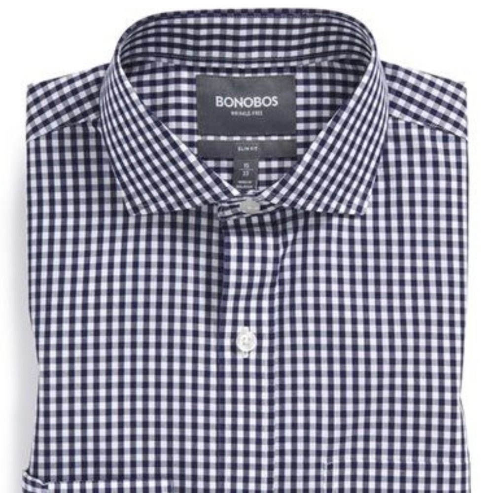 Bonobos Daily Grind - Semi-Spread Collar - Navy Gingham - Slim - 15x33